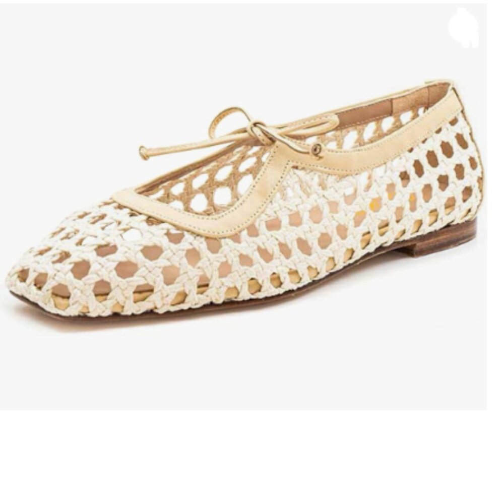 Pazzion Ivory Braided Bowtie Square Toe Mary Jane Slip On Cutout Ballet Flat